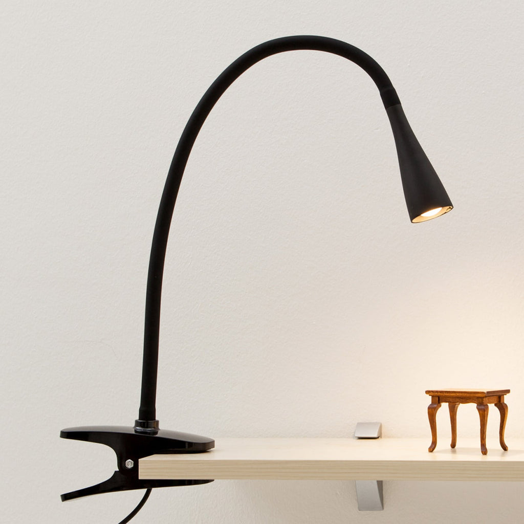 LED klemmelampe Baris svart fleksarm 44 cm forfra