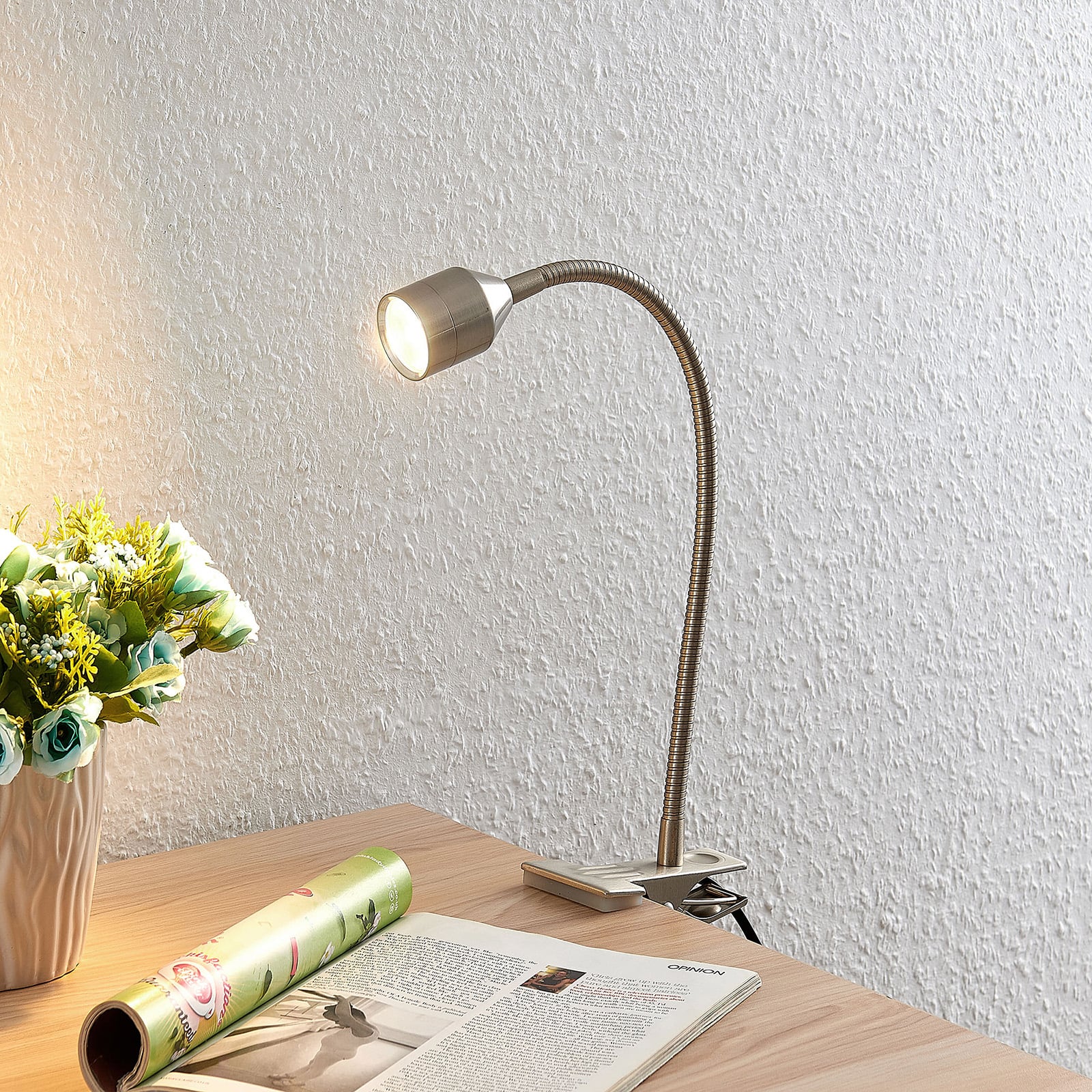 LED klemmelampe Djamila matt nikkel fleksarm bakside
