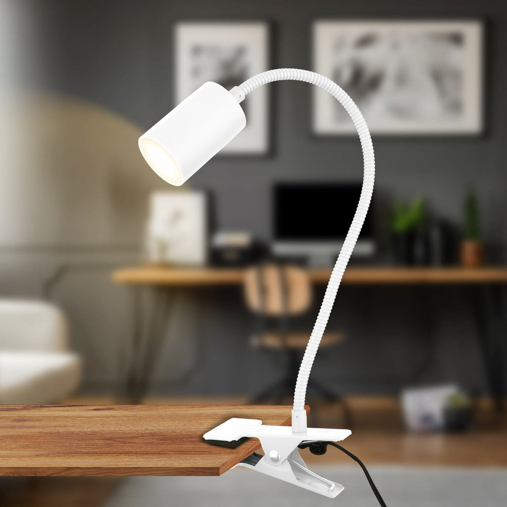 LED klemmelampe Fleks hvit metall forfra
