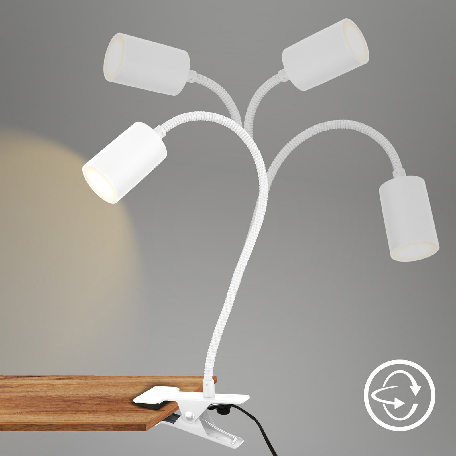 LED klemmelampe Fleks hvit metall switch på kabel