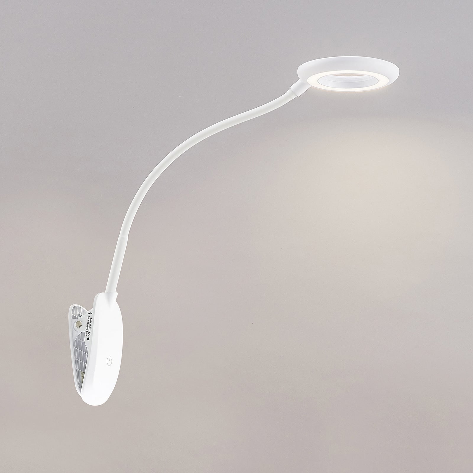LED klemmelampe Harumi hvit med batteri USB dimbar med USB-ladekabel