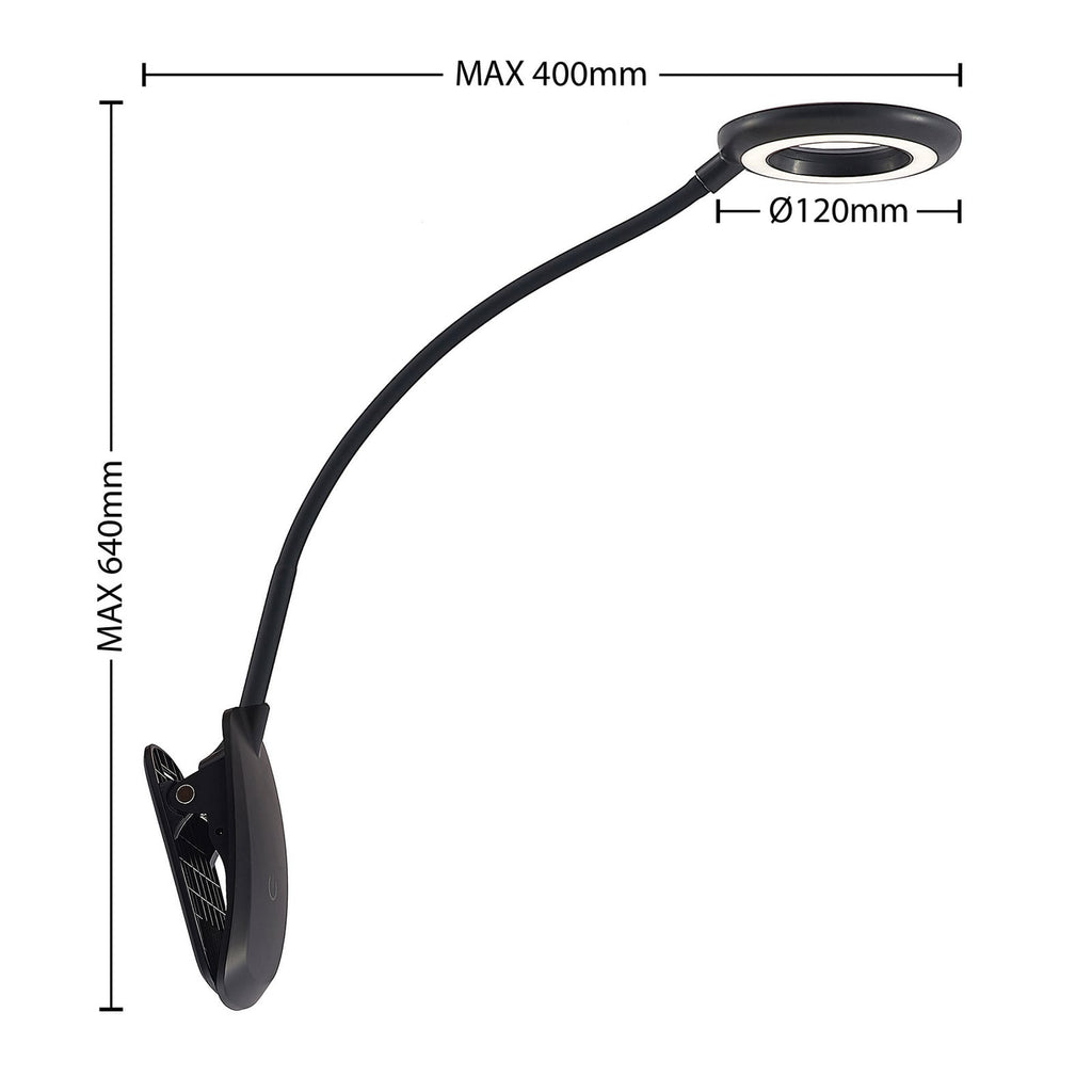 LED klemmelampe Harumi svart oppladbar USB 51 cm nærbilde av klemme