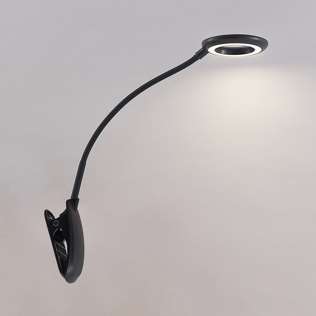 LED klemmelampe Harumi svart oppladbar USB 51 cm touch-dimmer detalj