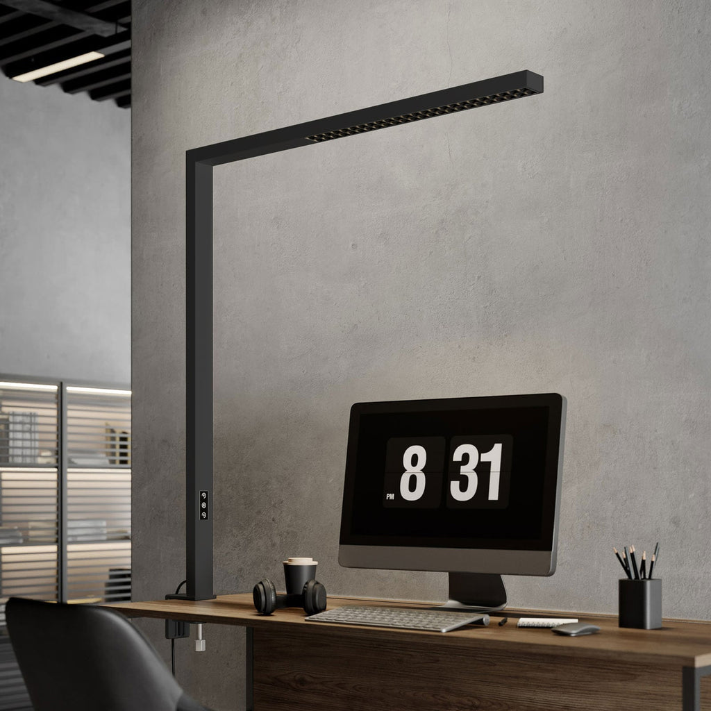 LED klemmelampe Jolinda kontor svart aluminium dimbar 70W detalj av klemmeklemme