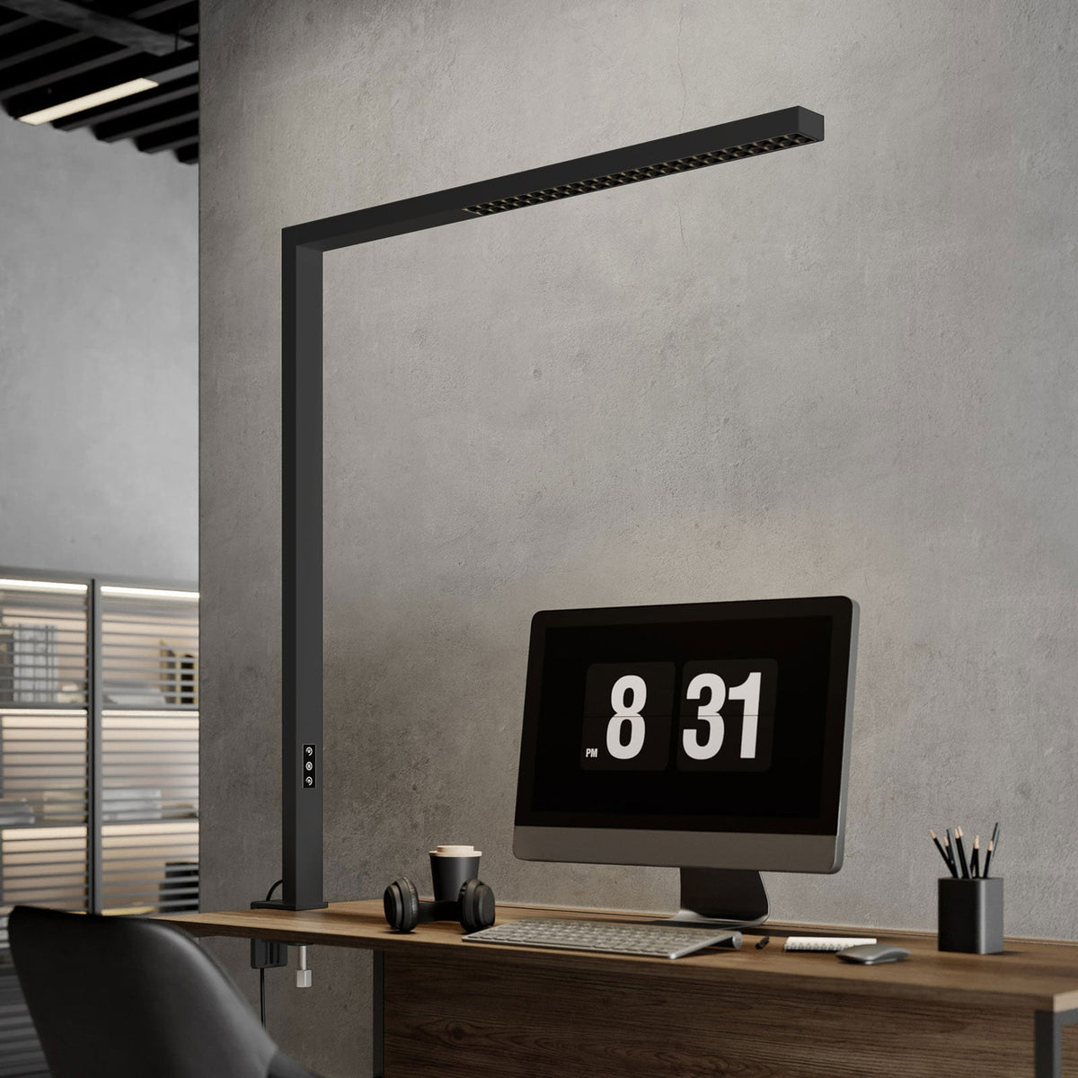 LED klemmelampe Jolinda kontor svart aluminium dimbar 70W detalj av klemmeklemme