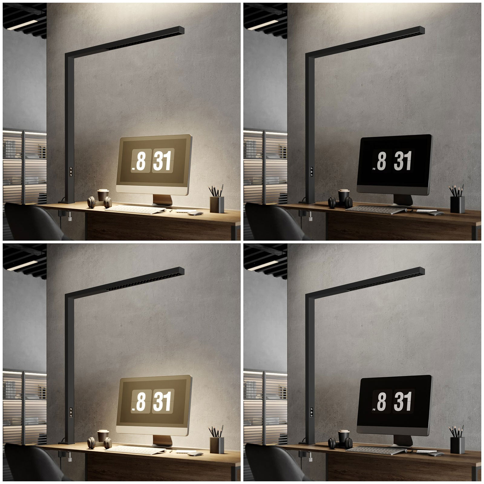 LED klemmelampe Jolinda kontor svart aluminium dimbar 70W sideprofil