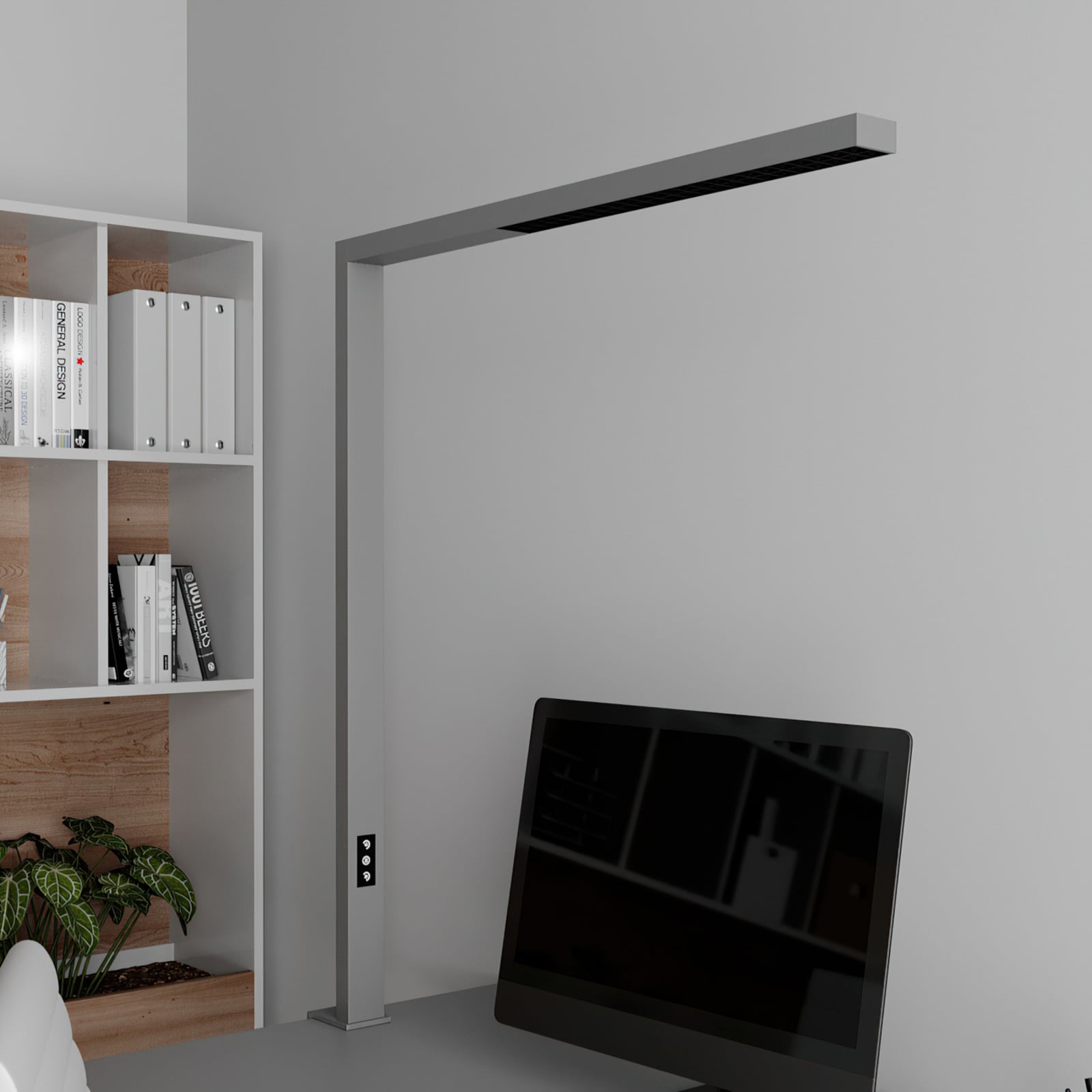 LED klemmelampe Jolinda dimbar sølv aluminium montert på skrivebord