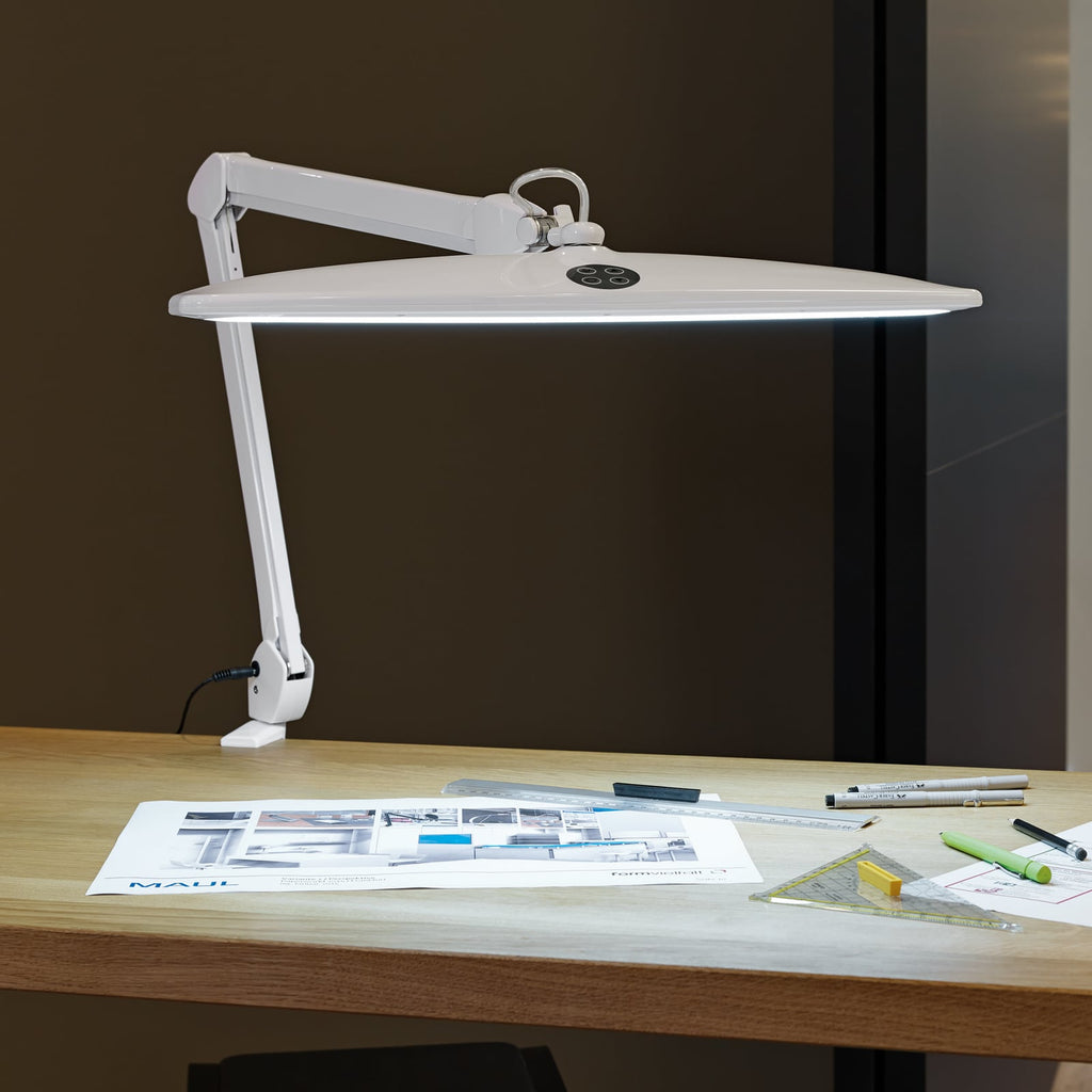 LED klemmelampe MAULwork hvit dimbar 15W 6500K h50 cm forfra