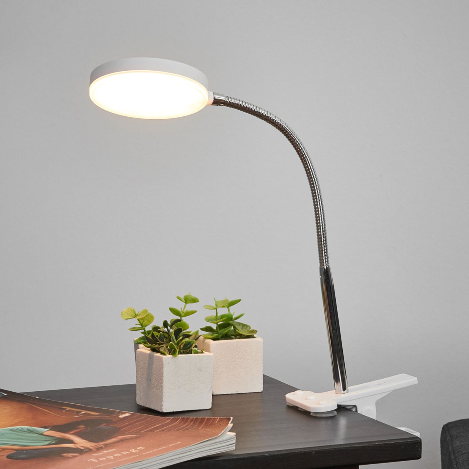 LED klemmelampe Milow hvit metall 36 cm forfra