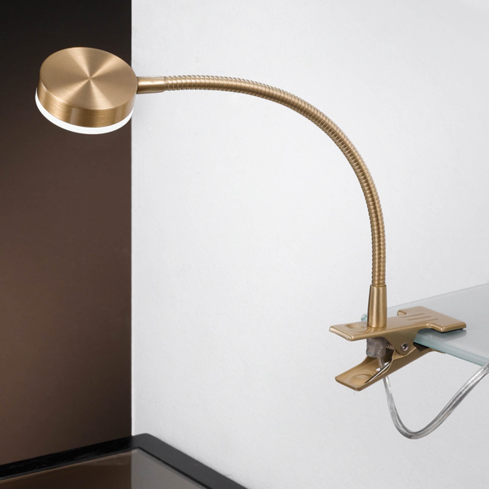 LED klemmelampe Mira med fleksarm gull 3W 4000K fra ORION forfra
