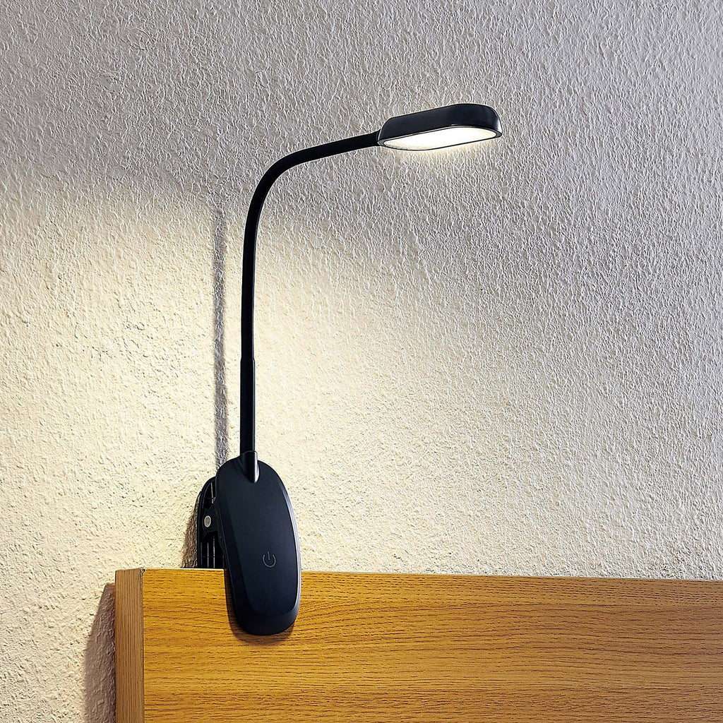 LED klemmelampe Najari svart med batteri USB dimbar - forfra