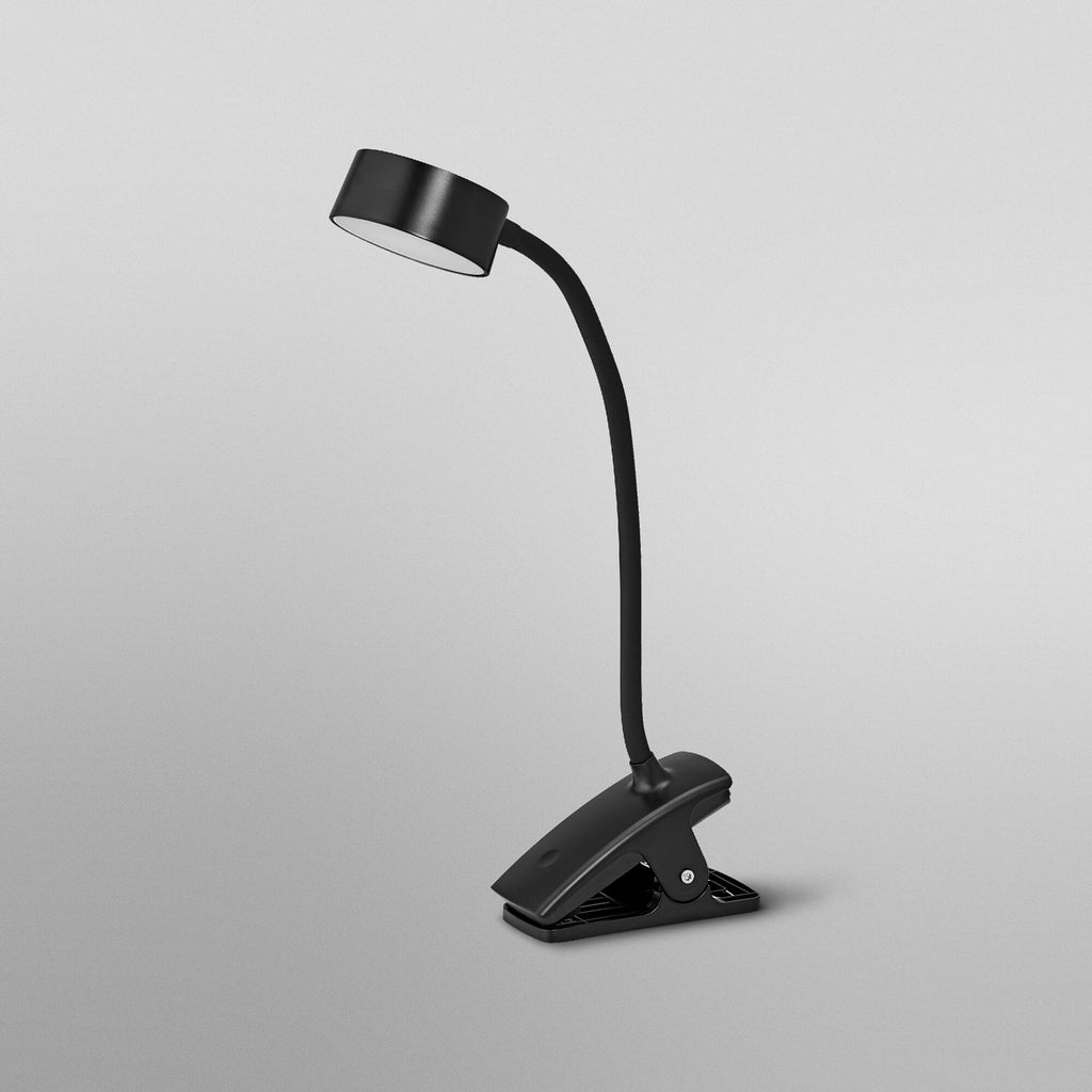 Nærbilde av LED klemmelampe Office Line Cylinder svart CCT dimbar USB lampearm