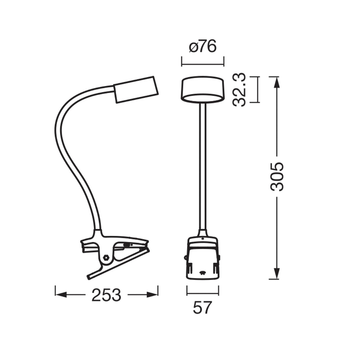 LED klemmelampe Office Line Cylinder hvit CCT dimbar USB detalj av klemme