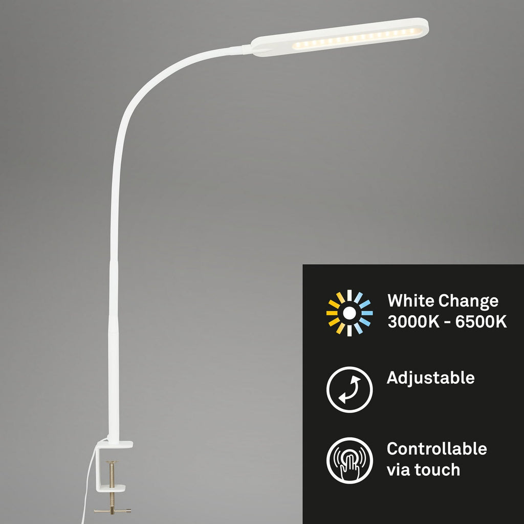 Nærbilde av klemme på LED klemmelampe Servo dimbar CCT hvit 8W 110 cm
