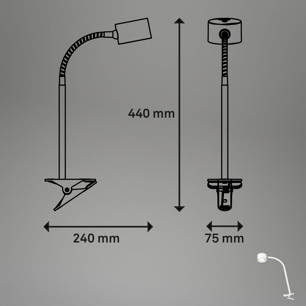 LED klemmelampe Tari dimbar CCT hvit IP44 4,5W Briloner montert på bord