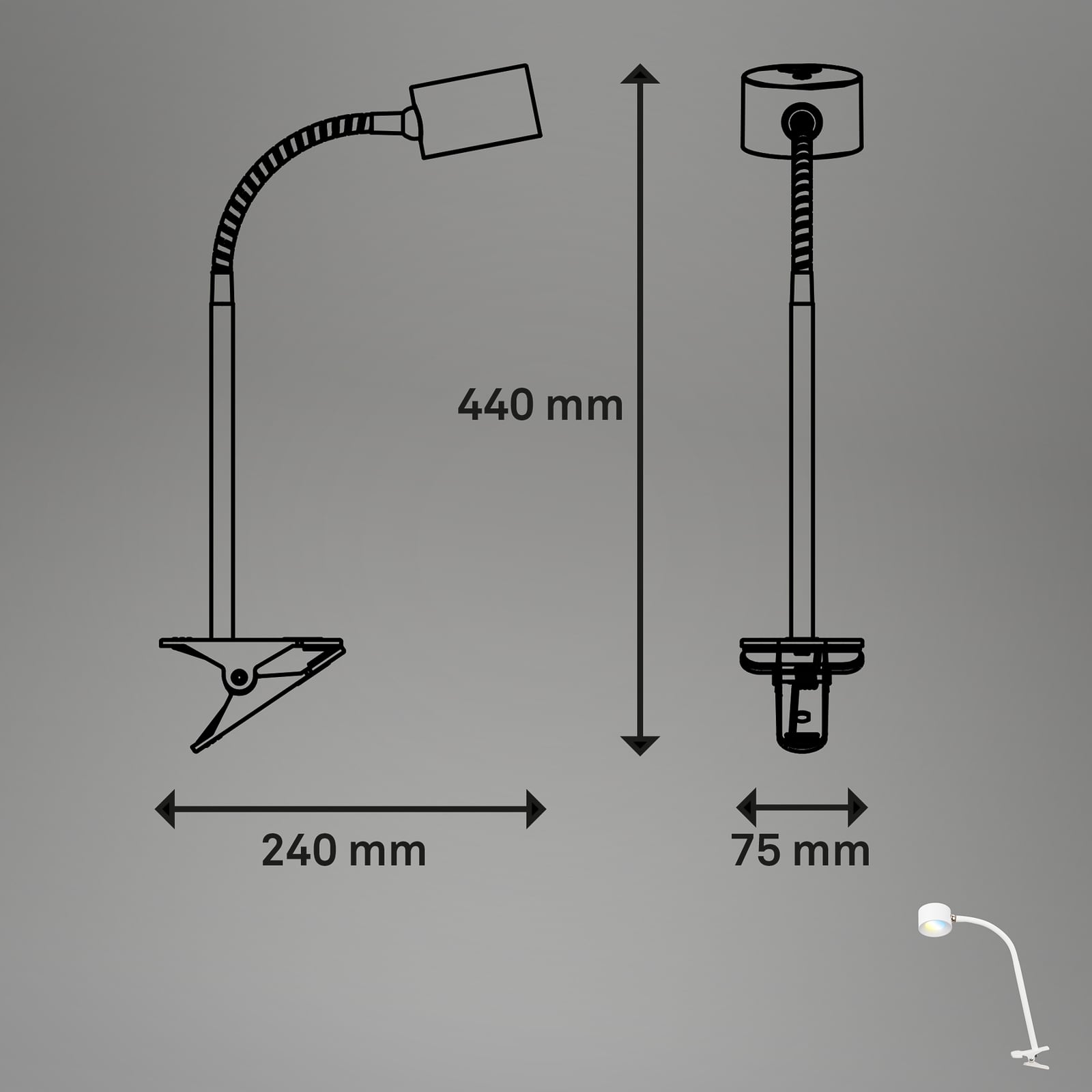 LED klemmelampe Tari dimbar CCT hvit IP44 4,5W Briloner montert på bord