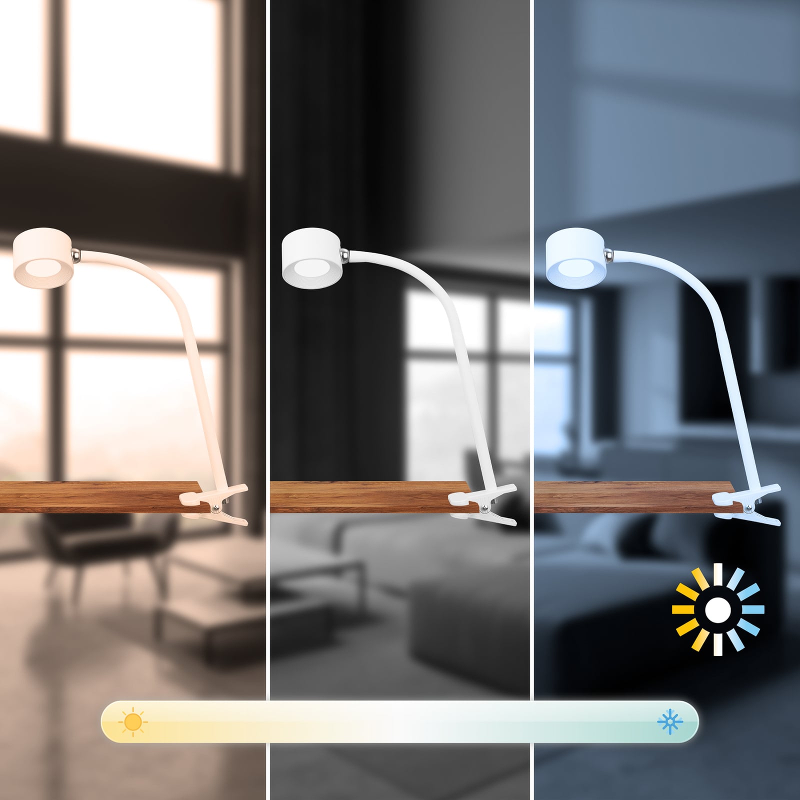 Detaljbilde av lampeklips på LED klemmelampe Tari dimbar CCT hvit IP44 4,5W Briloner