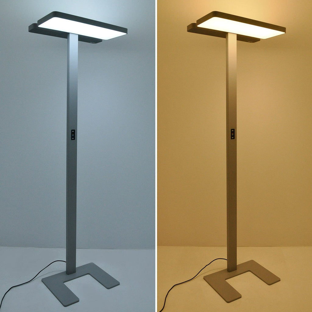 LED kontorgulvlampe Aila sølv dimbar CCT med sensor nærbilde av lampehode