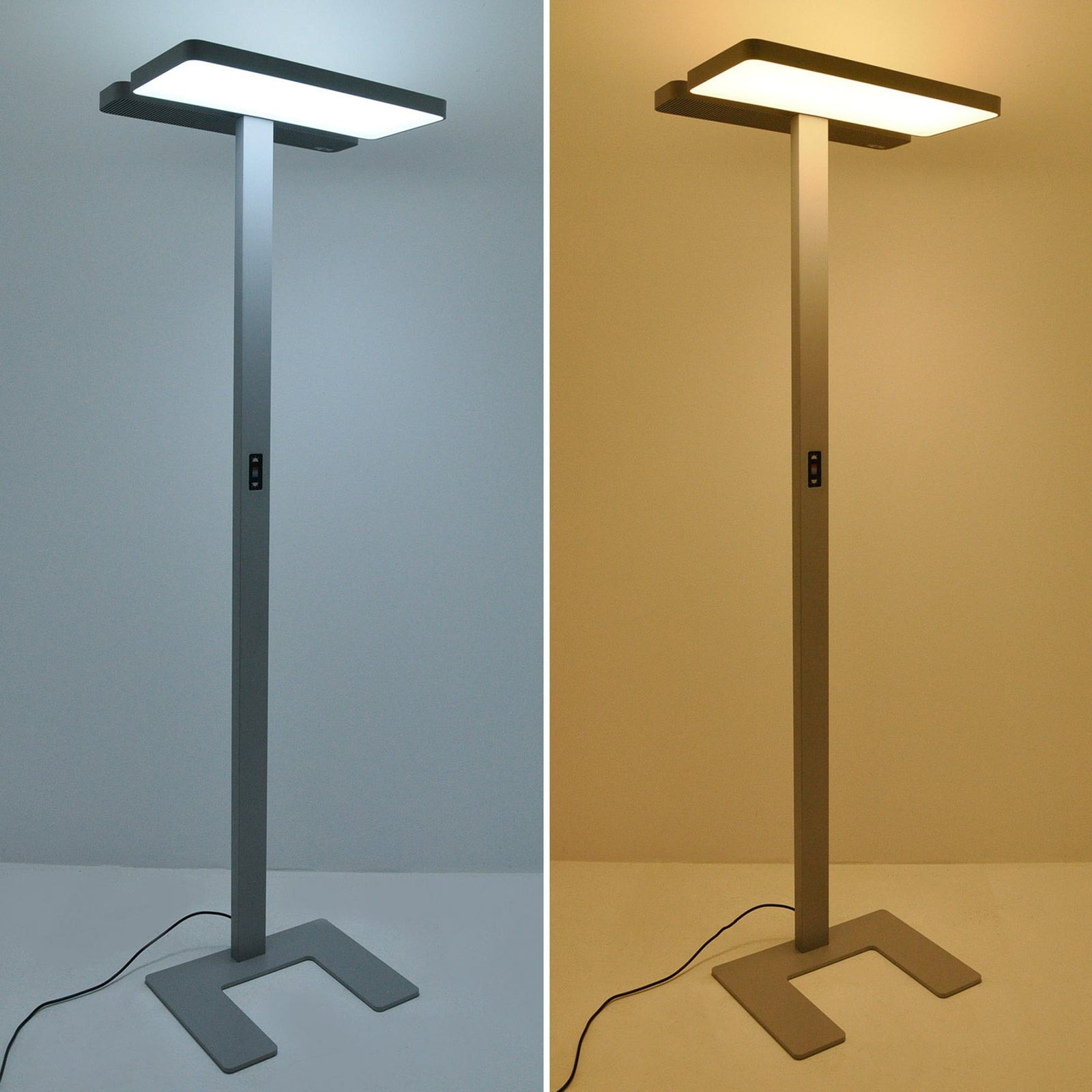 LED kontorgulvlampe Aila sølv dimbar CCT med sensor nærbilde av lampehode