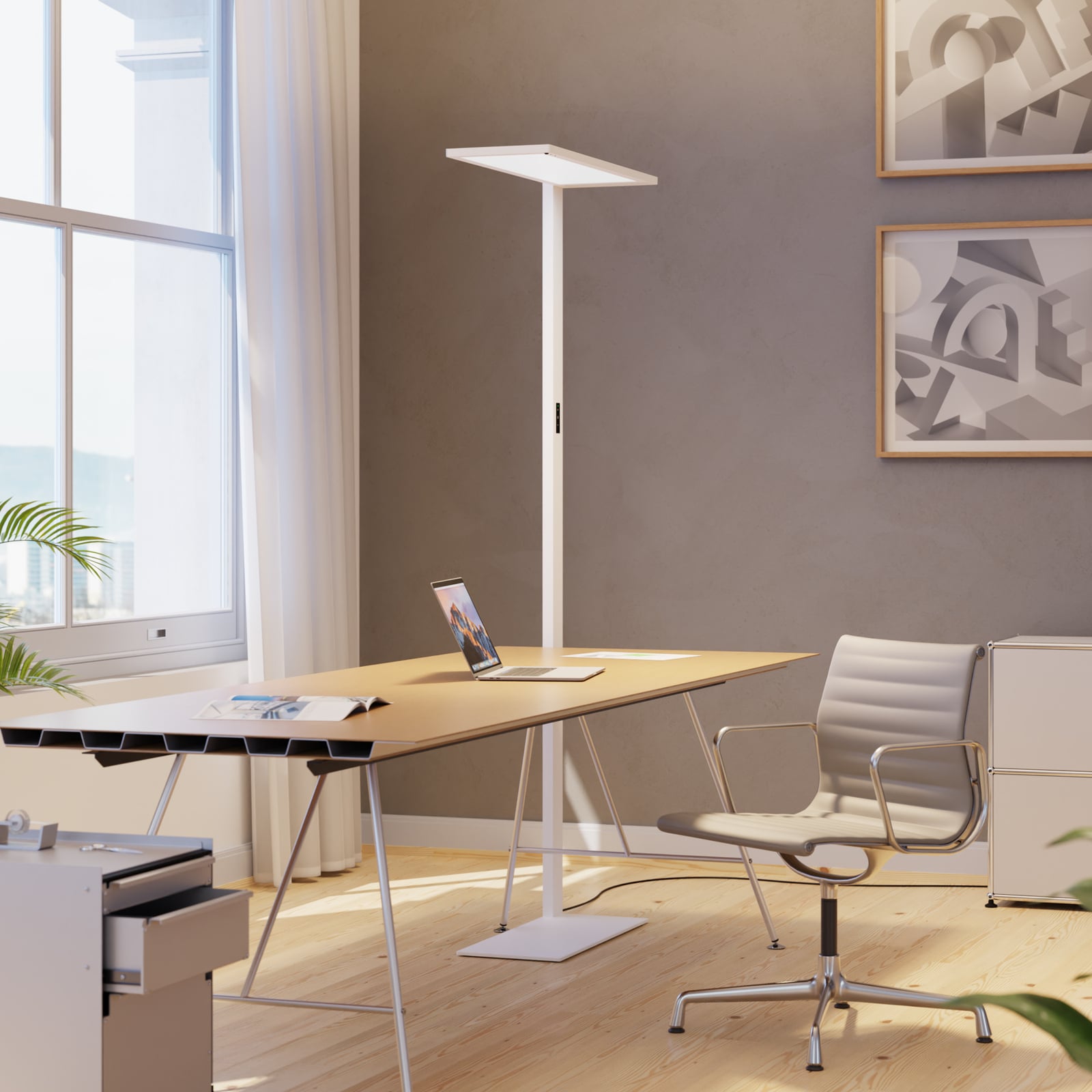 LED kontorgulvlampe Lightpad med bevegelsessensor sølv 55W forfra