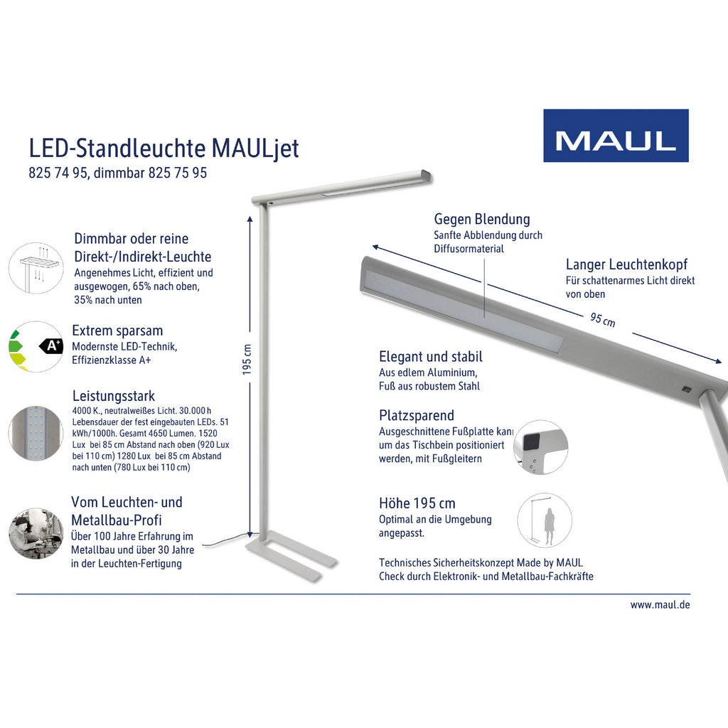 LED kontorgulvlampe MAULjet dimbar sølv 195 cm nærbilde av lampehode