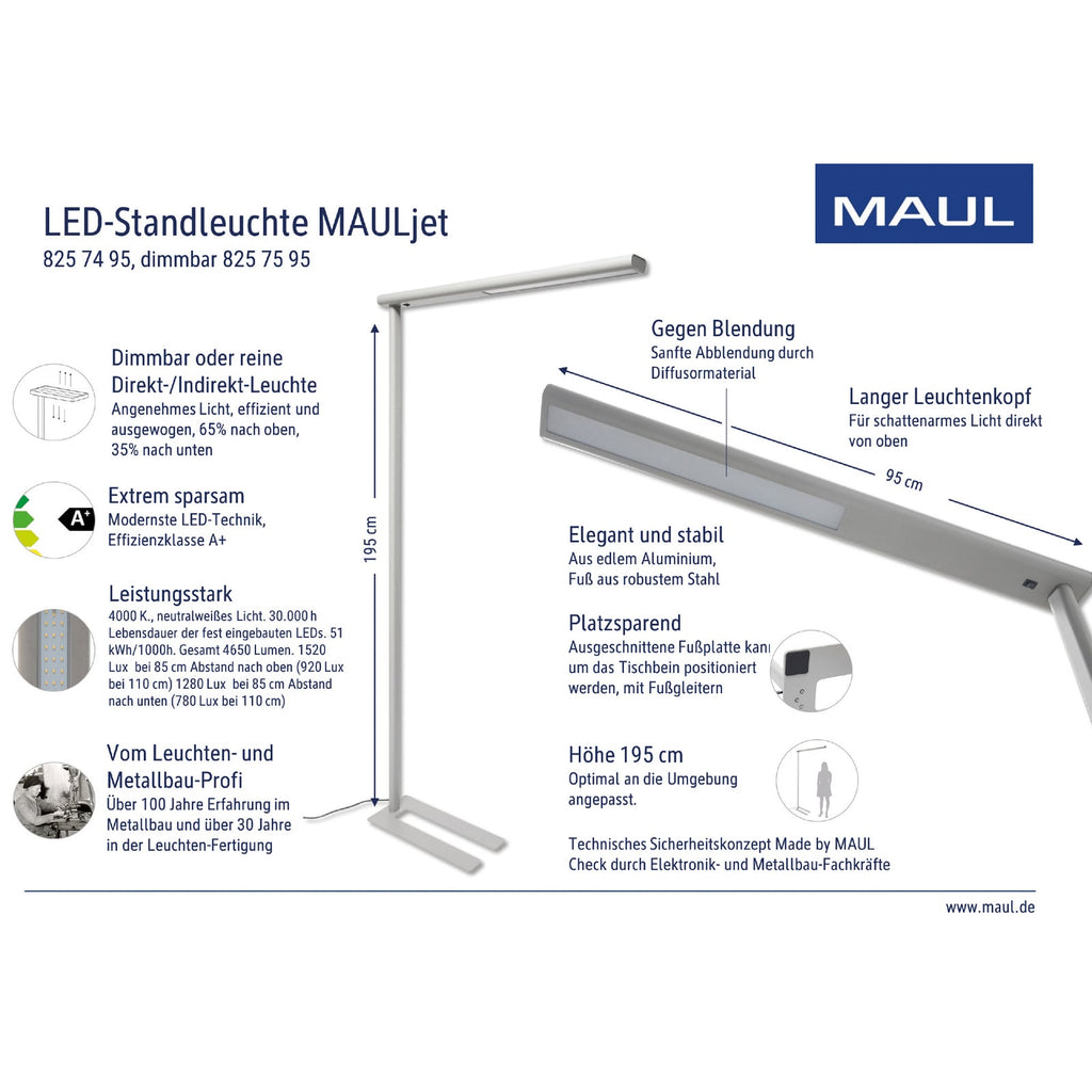 LED kontorgulvlampe MAULjet sølv kabel og støpsel