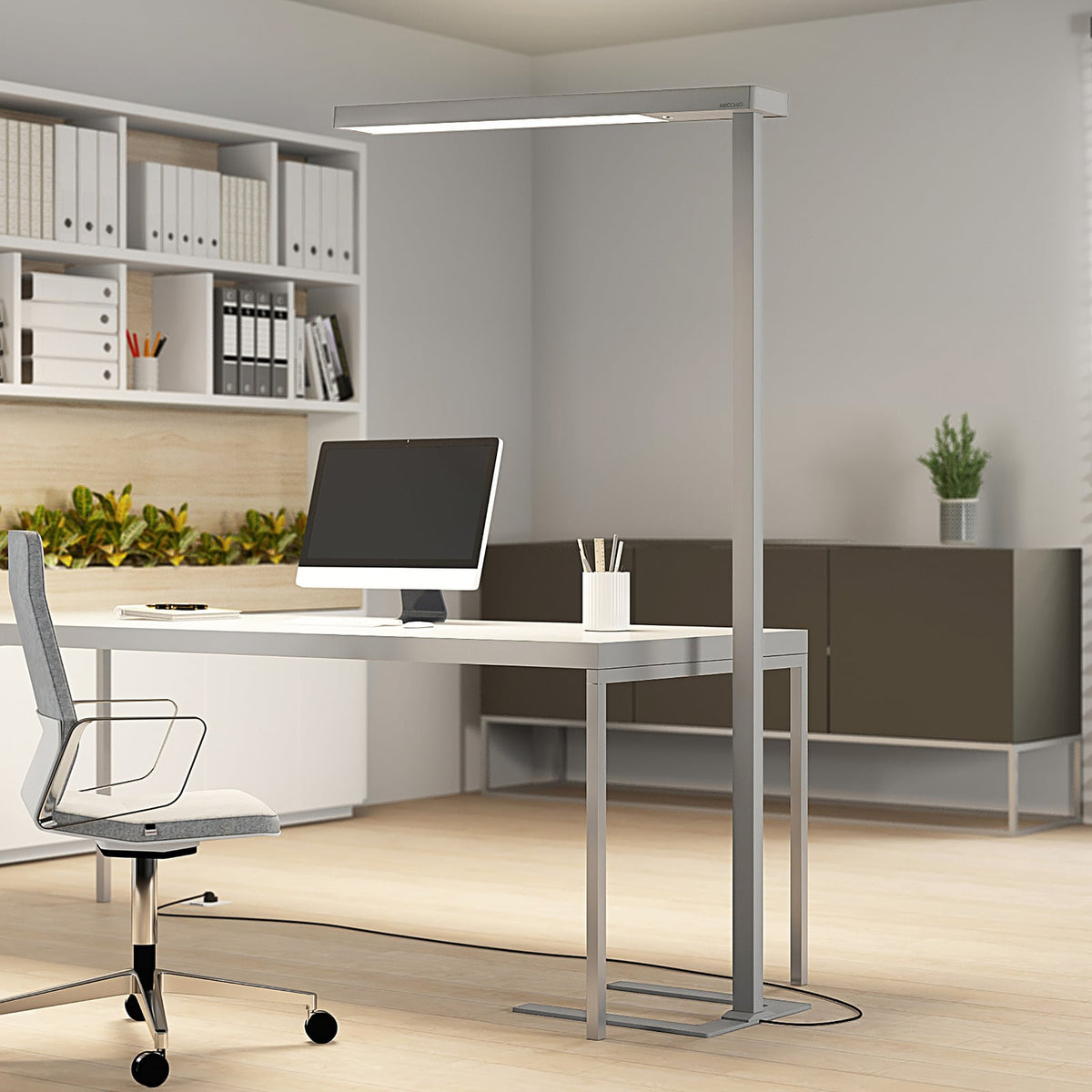 LED kontorgulvlampe Susi dimbar CCT sølv 150W sensor forfra