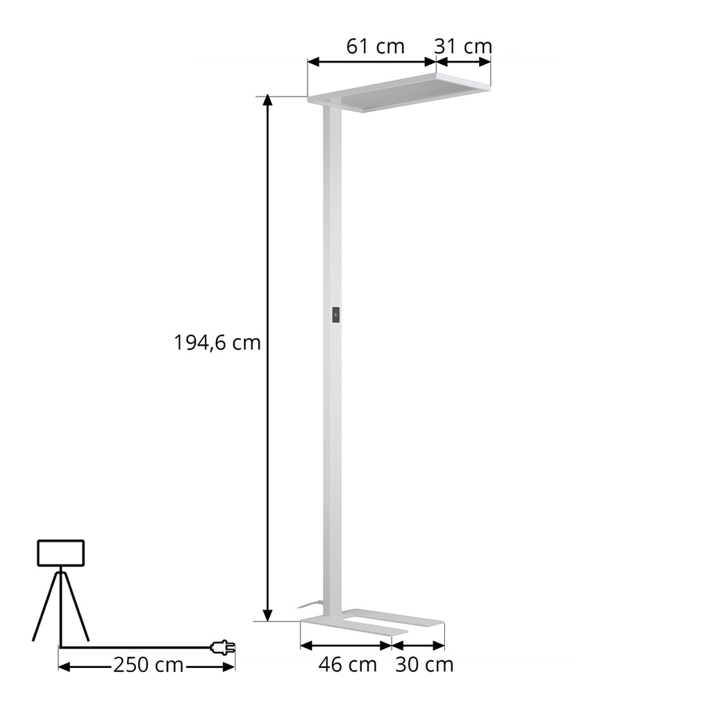 LED kontorgulvlampe Taronis hvit dimbar 55W 195 cm montert i kontor