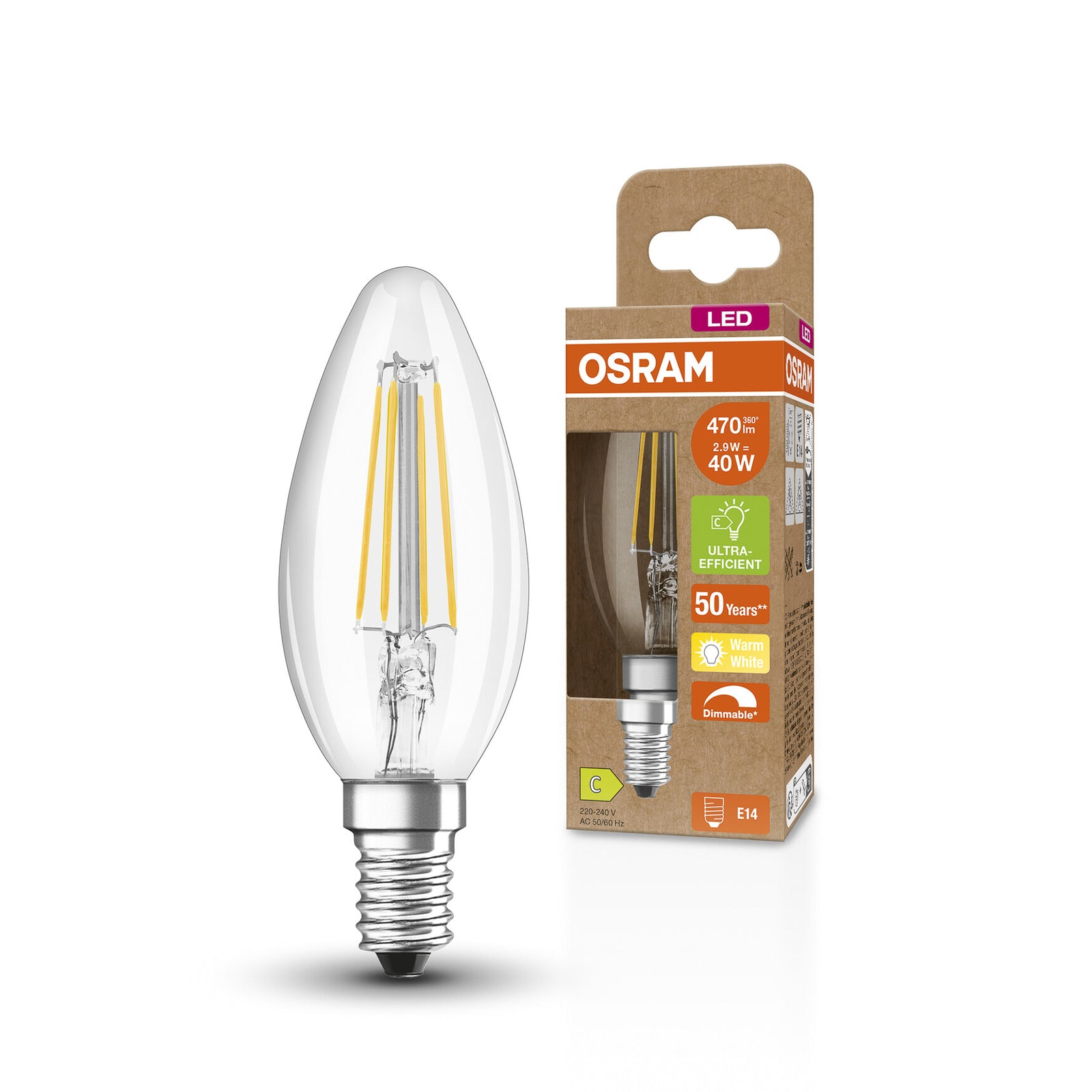 Detalj av LED kronelys filamentpære E14 2,9W 2700K dimbar klar OSRAM