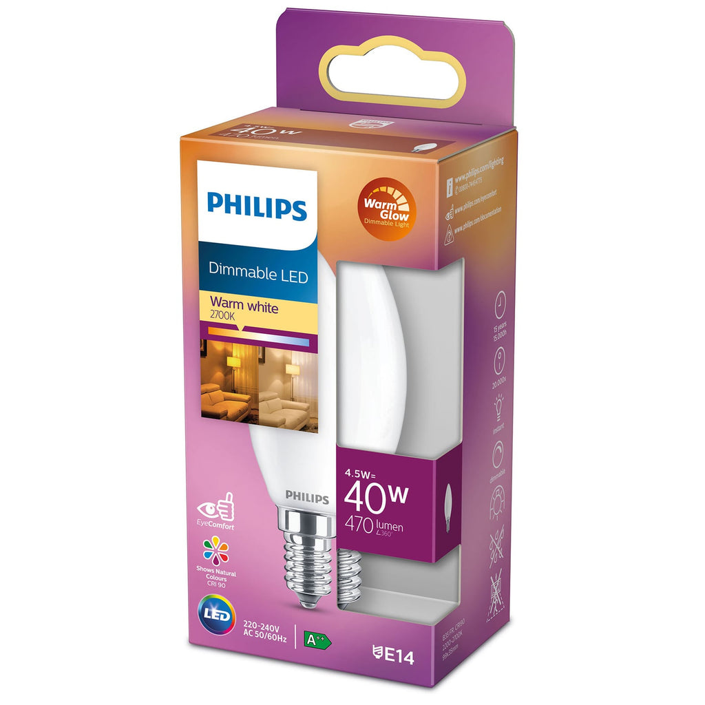 LED kronelysform E14 3,4W WarmGlow matt dimbar Ra90 Philips bakside
