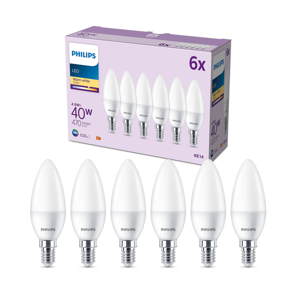 LED kronelysform E14 4,9W 2700K matt 470lm 6-pakning Philips forfra