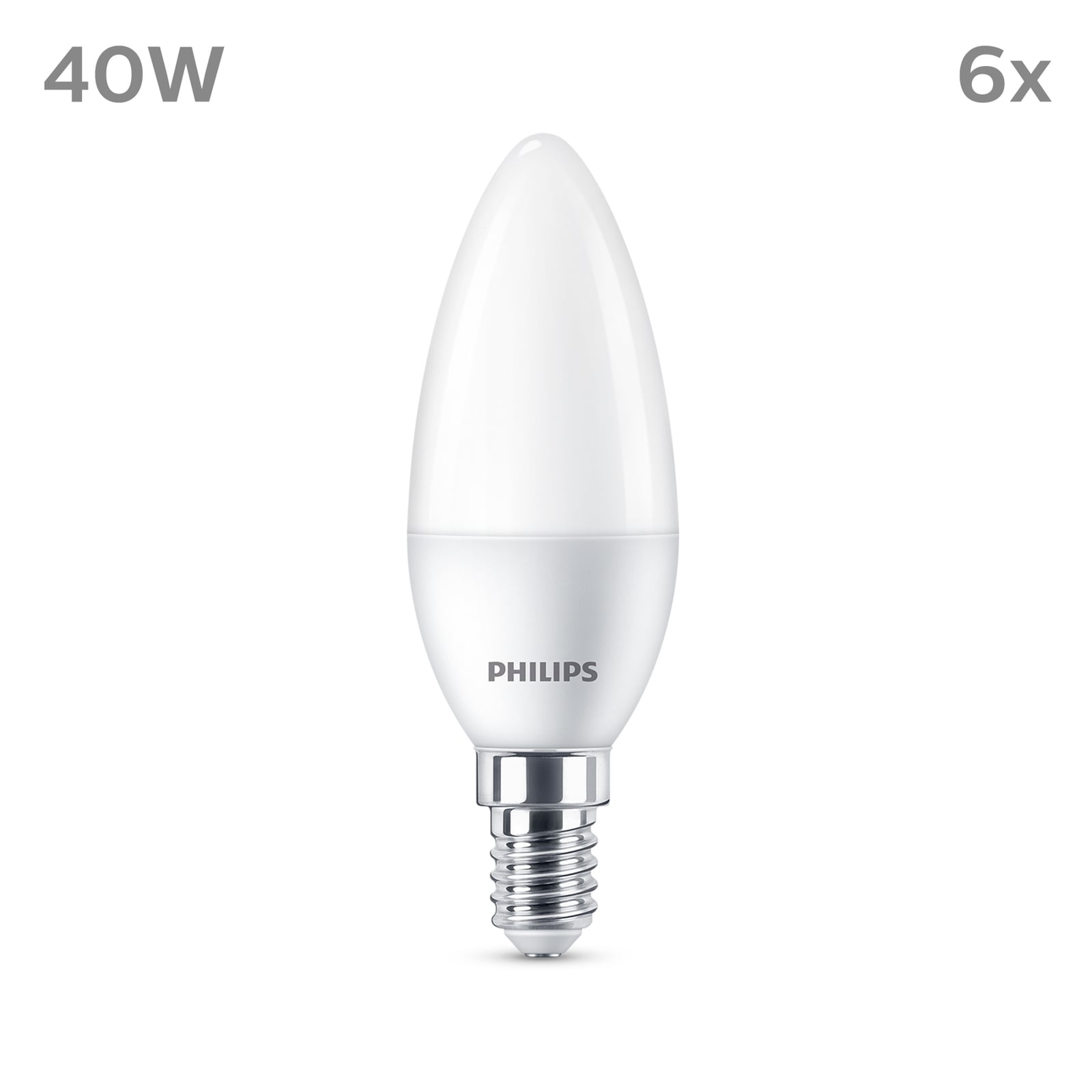 LED kronelysform E14 4,9W 2700K matt 470lm 6-pakning Philips bakside