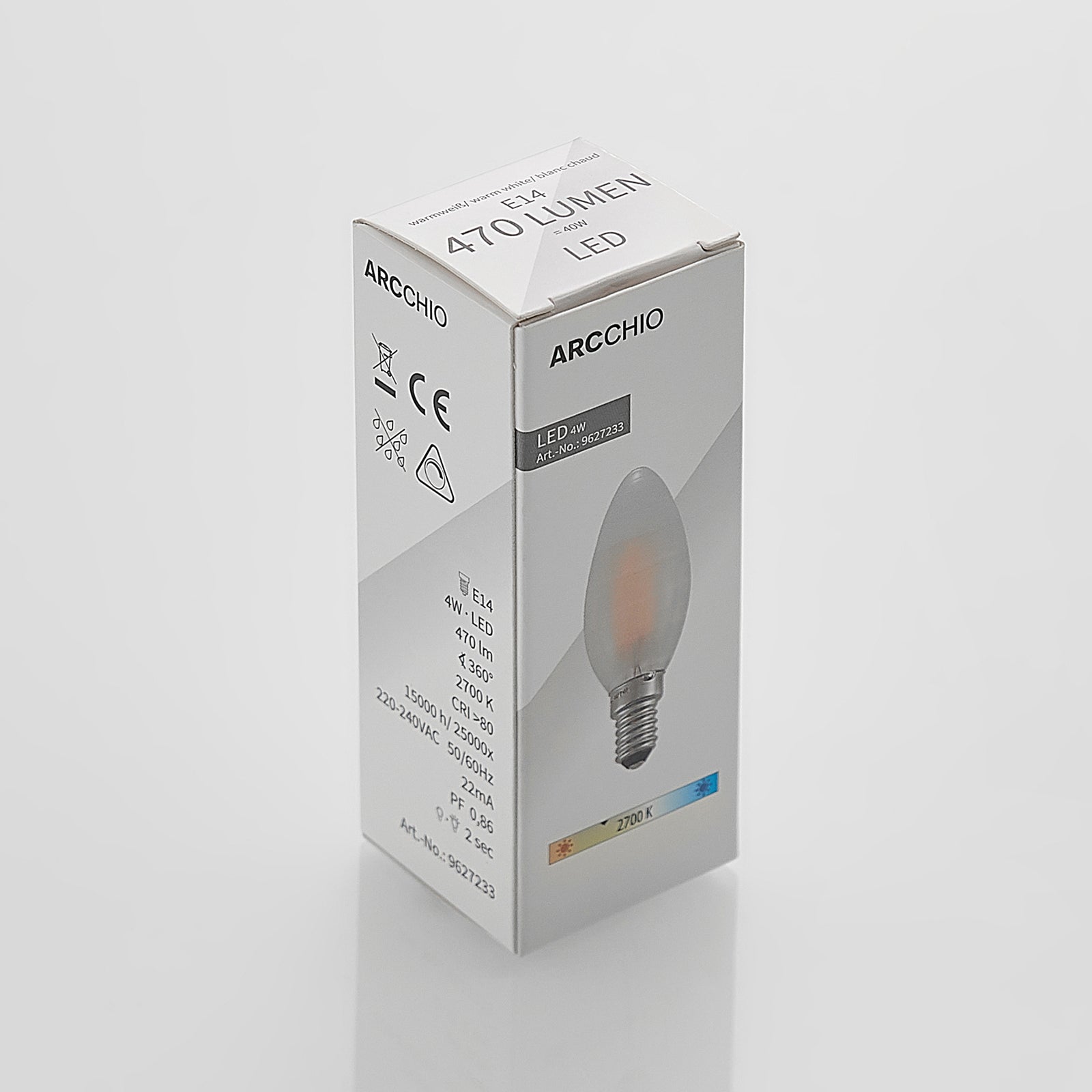 LED kronelysform E14 4W 2700K dimbar matt produktfoto
