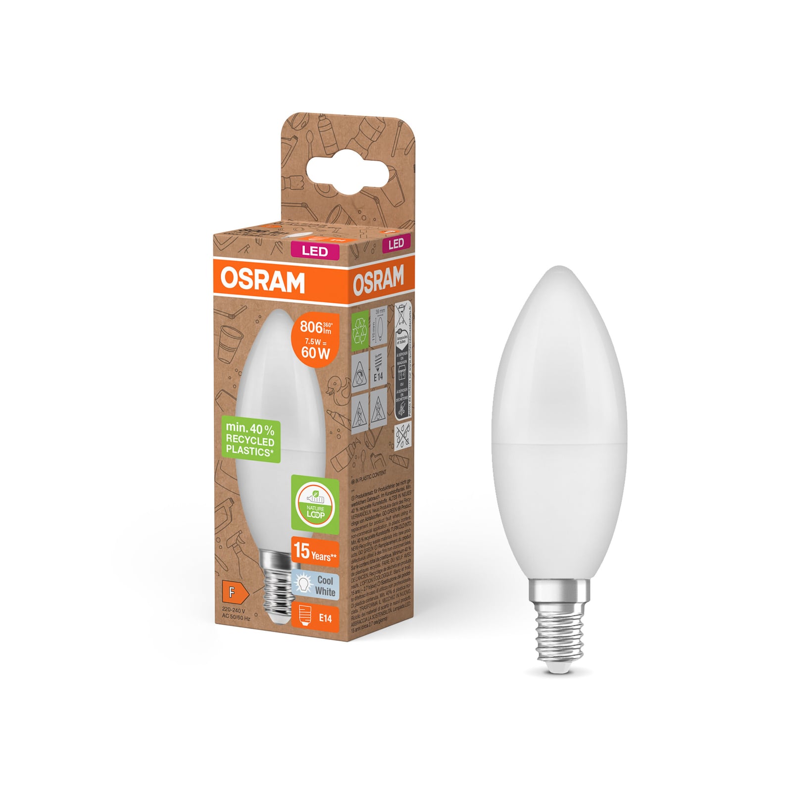 LED kronelysform E14 7,5W 4000K nøytralhvit matt 806lm OSRAM nærbilde