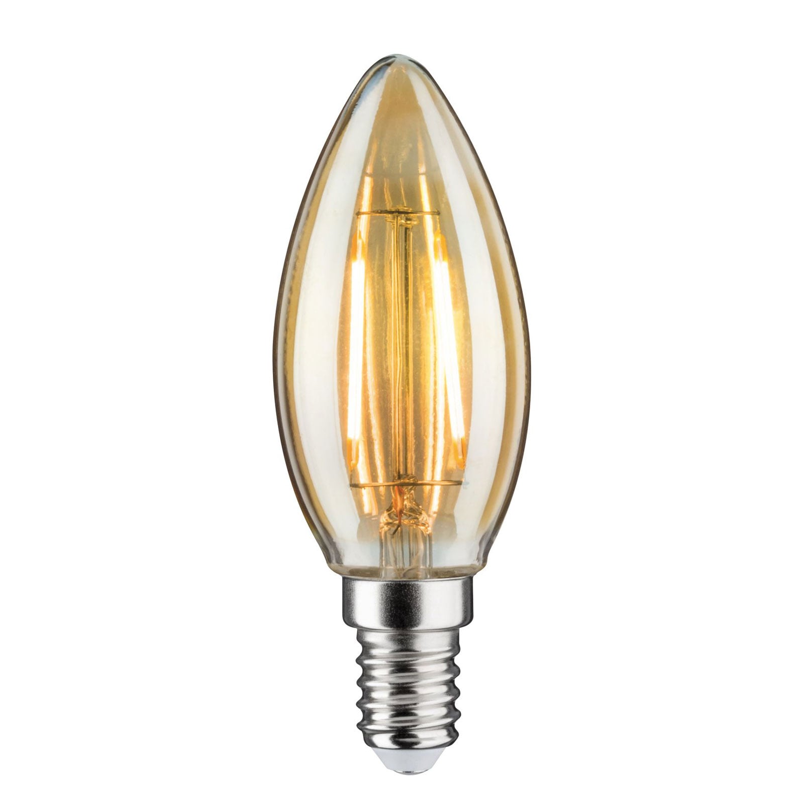 LED kronelysform filamentpære E14 4,7W 2500K gull dimbar - Paulmann forfra