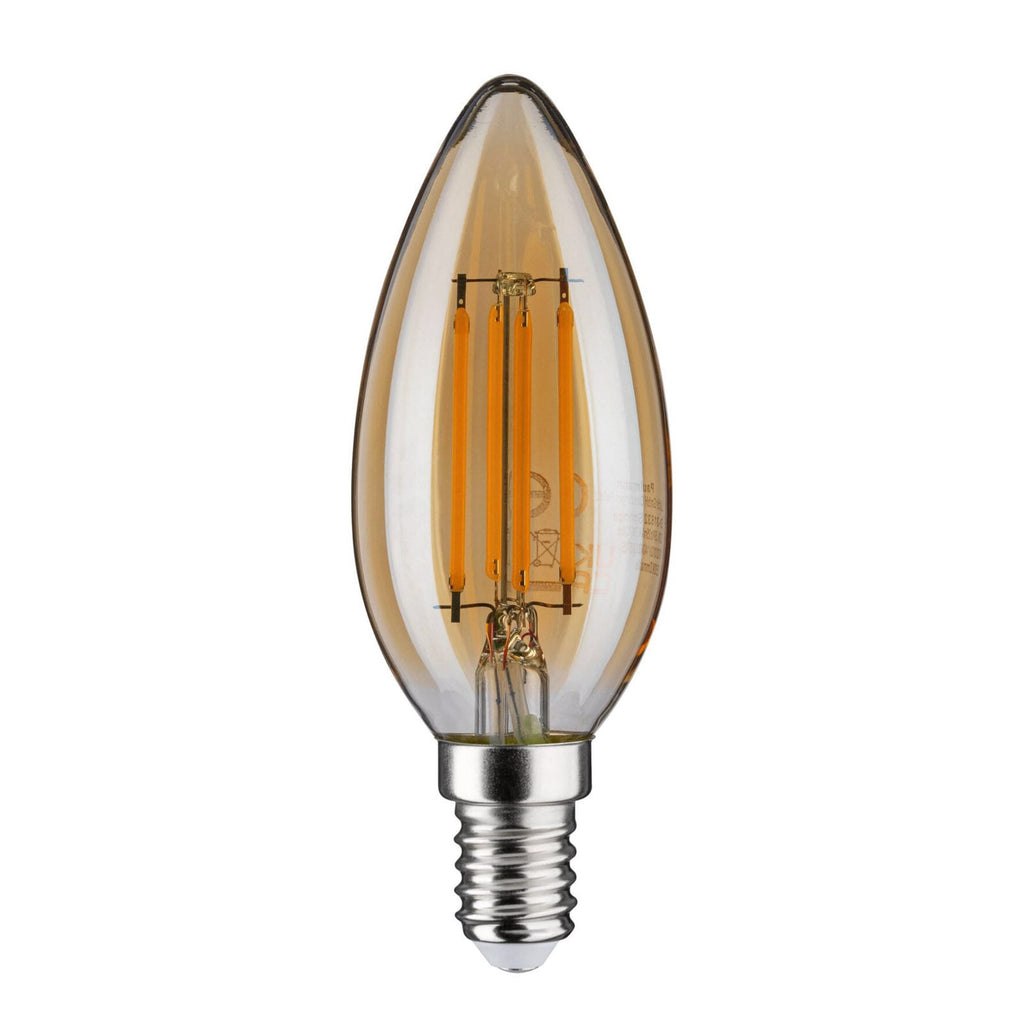 LED kronelysform filamentpære E14 4,7W 2500K gull dimbar - Paulmann montert i lampe