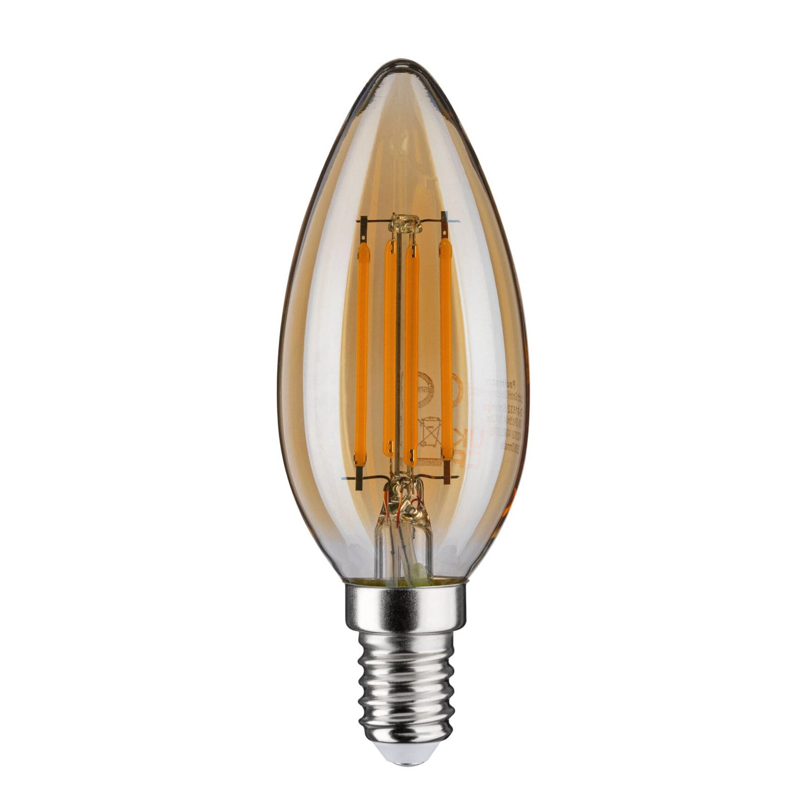LED kronelysform filamentpære E14 4,7W 2500K gull dimbar - Paulmann montert i lampe