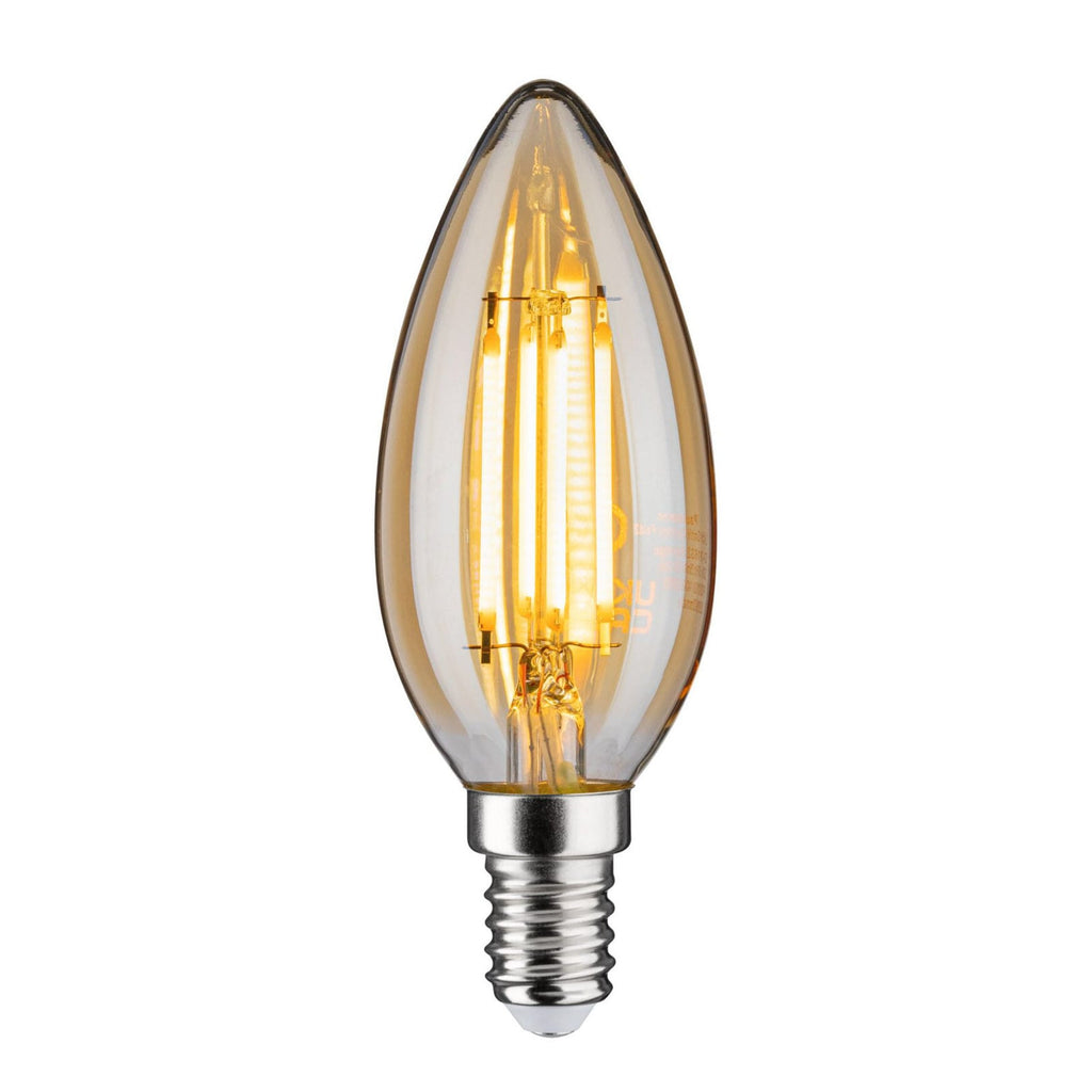 LED kronelysform filamentpære E14 4,7W 2500K gull dimbar - Paulmann nærbilde av glass