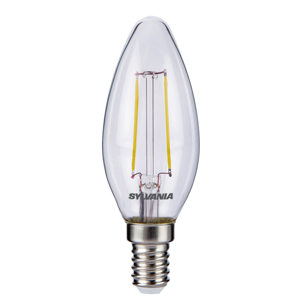 LED kronelysform filamentpære E14 2,5W klar 2700K - Sylvania forfra