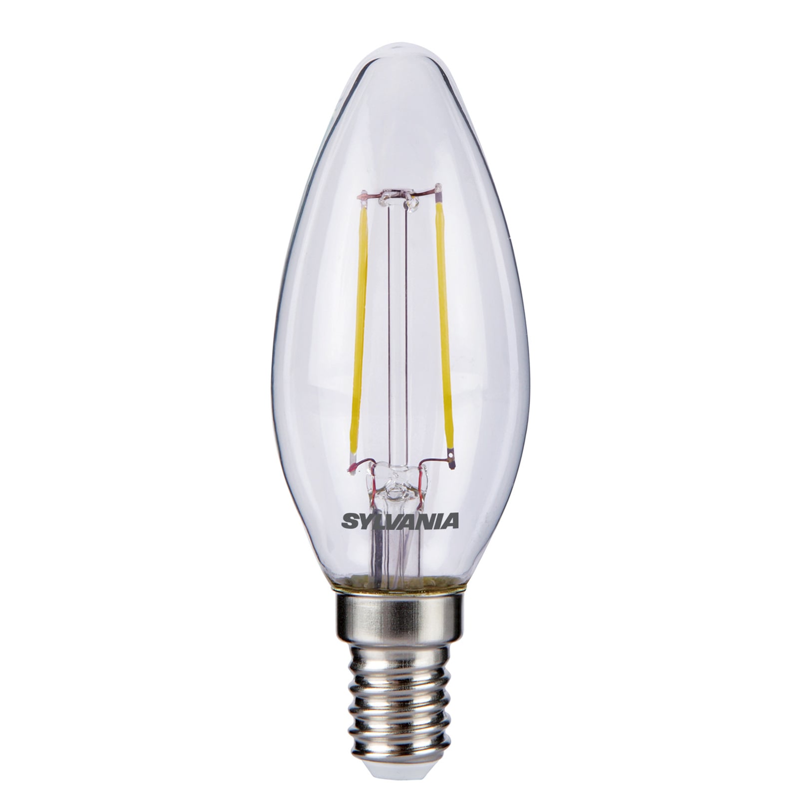 LED kronelysform filamentpære E14 2,5W klar 2700K - Sylvania forfra