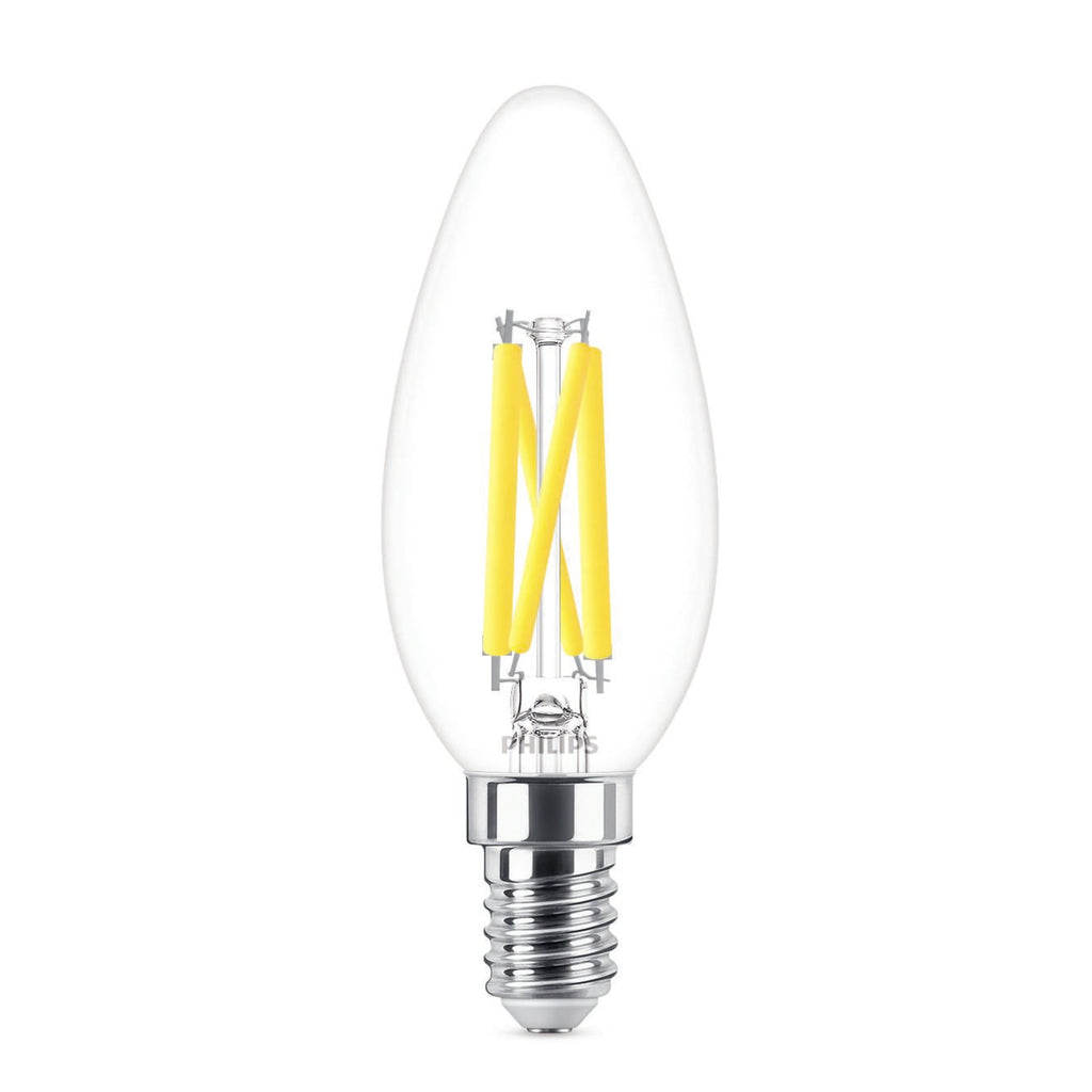 LED kronelysform filamentpære E14 3,4W dimbar 2700K WarmGlow Philips forfra