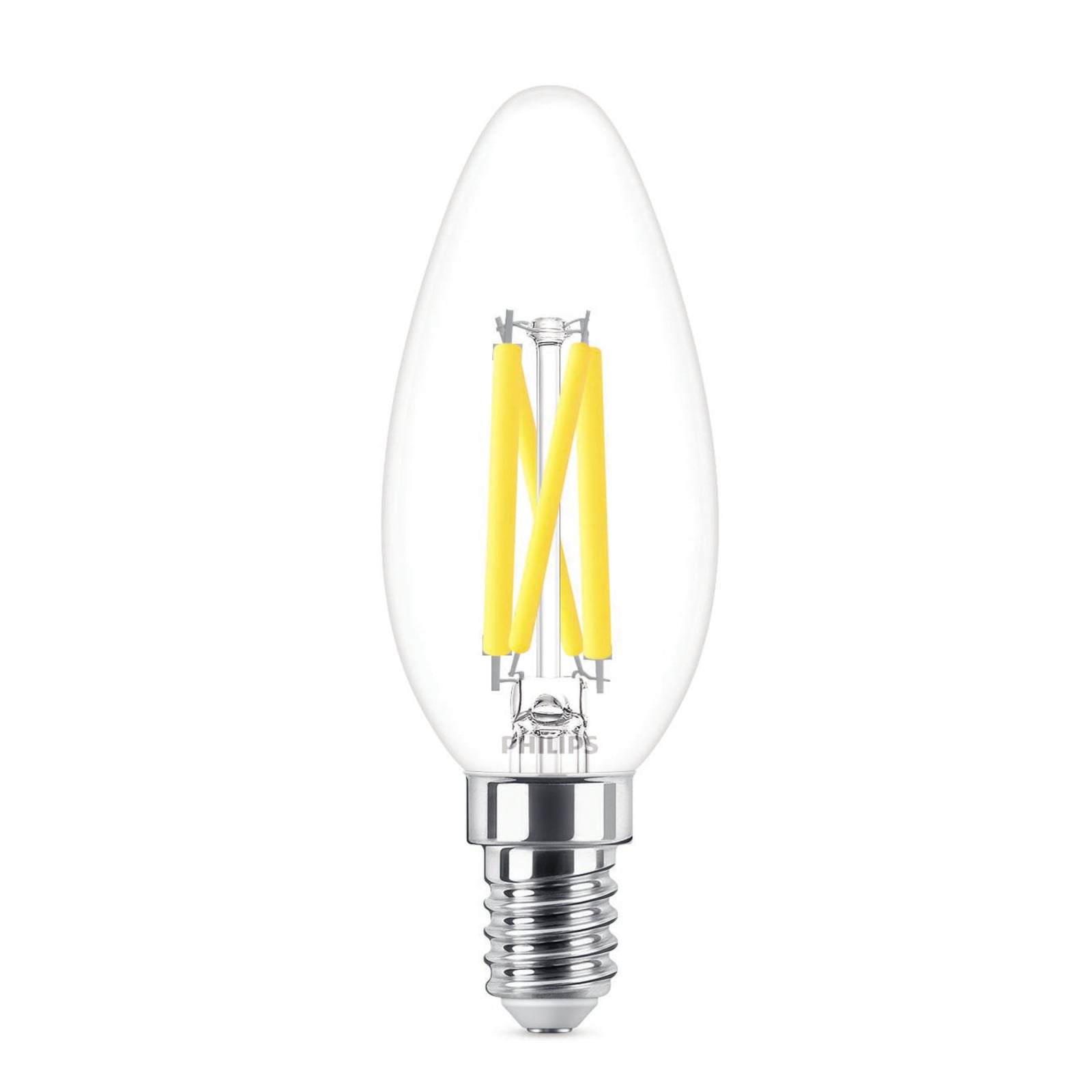 LED kronelysform filamentpære E14 3,4W dimbar 2700K WarmGlow Philips forfra
