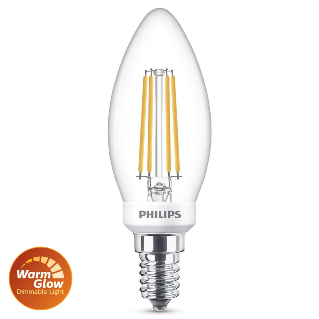 LED kronelysform filamentpære E14 3,4W dimbar 2700K WarmGlow Philips emballasje