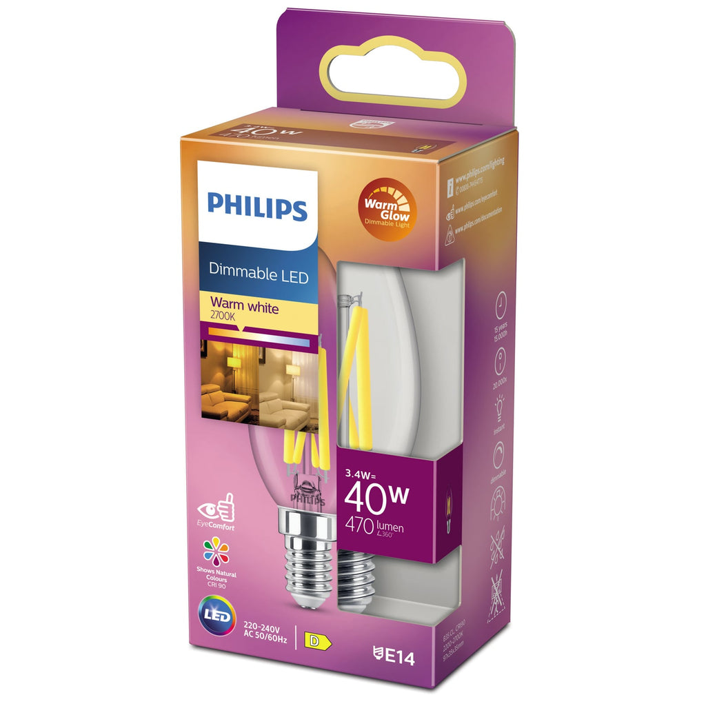 LED kronelysform filamentpære E14 3,4W dimbar 2700K WarmGlow Philips med dimmer