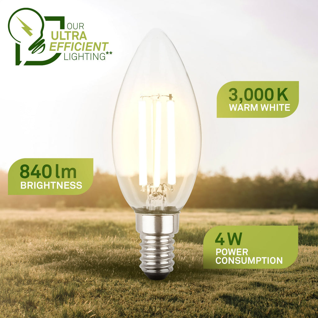 LED kronelysform filamentpære E14 4W 3000K klar 2-pk - Briloner emballasje