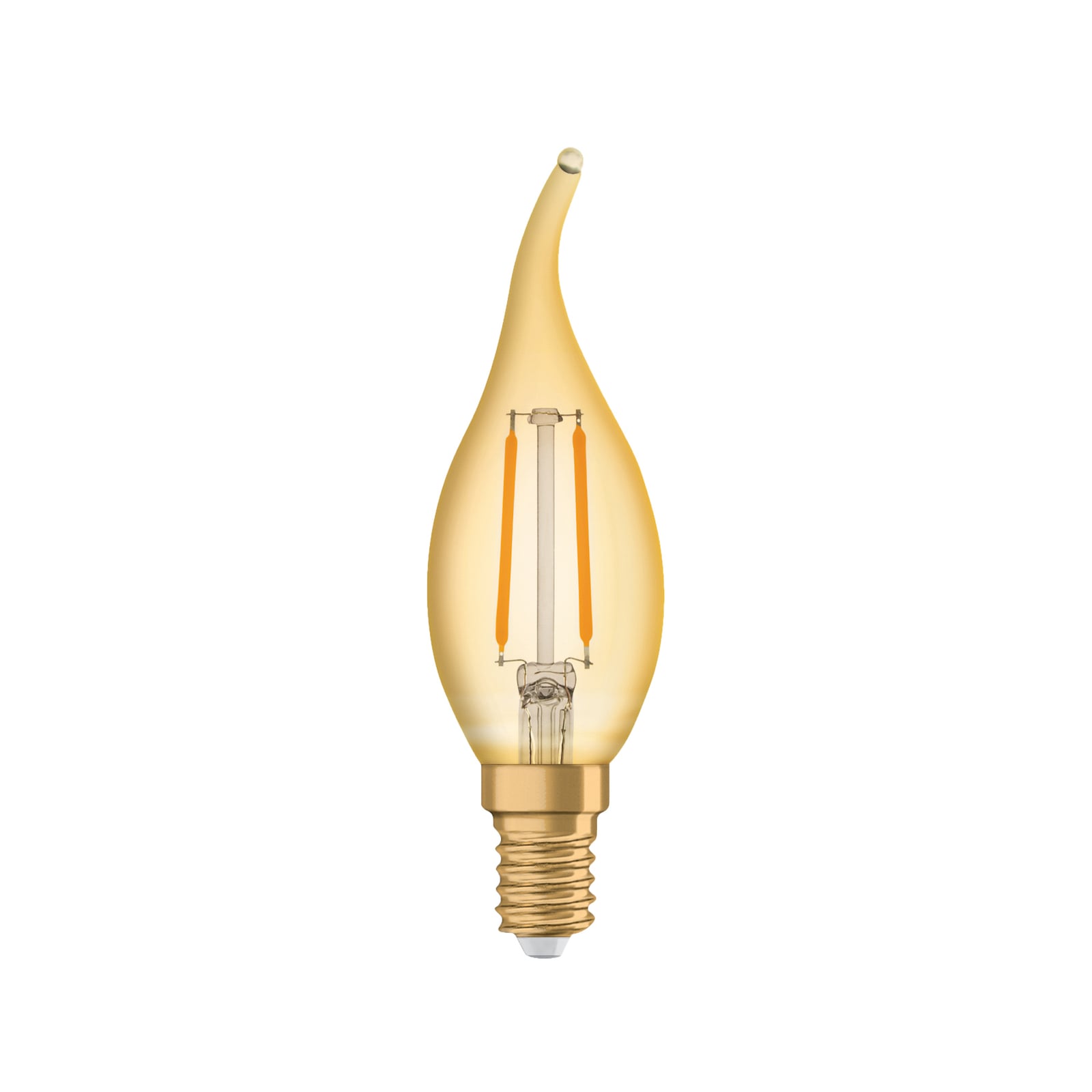 LED kronelysform vindstøt E14 2,5W 2400K gull filament fra Radium forfra