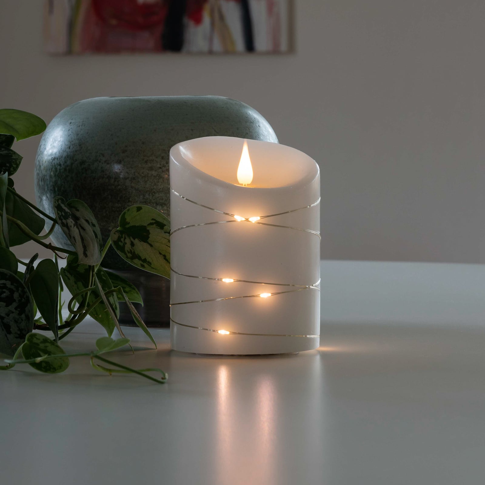 LED-kubbelys ekte voks hvit med timer 14 cm forfra