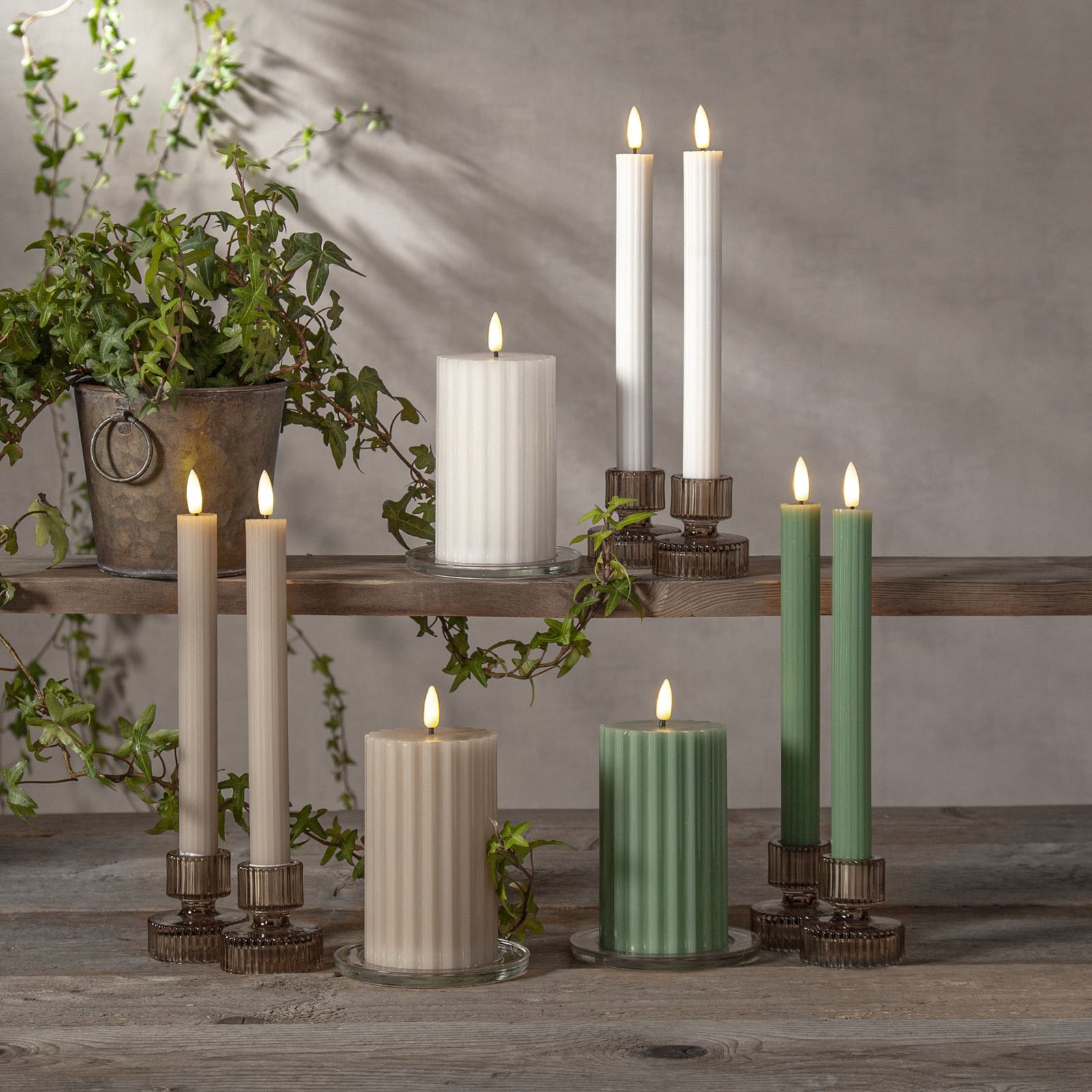 LED-kubbelys Flamme Stripe beige ekte voks 25 cm bryter