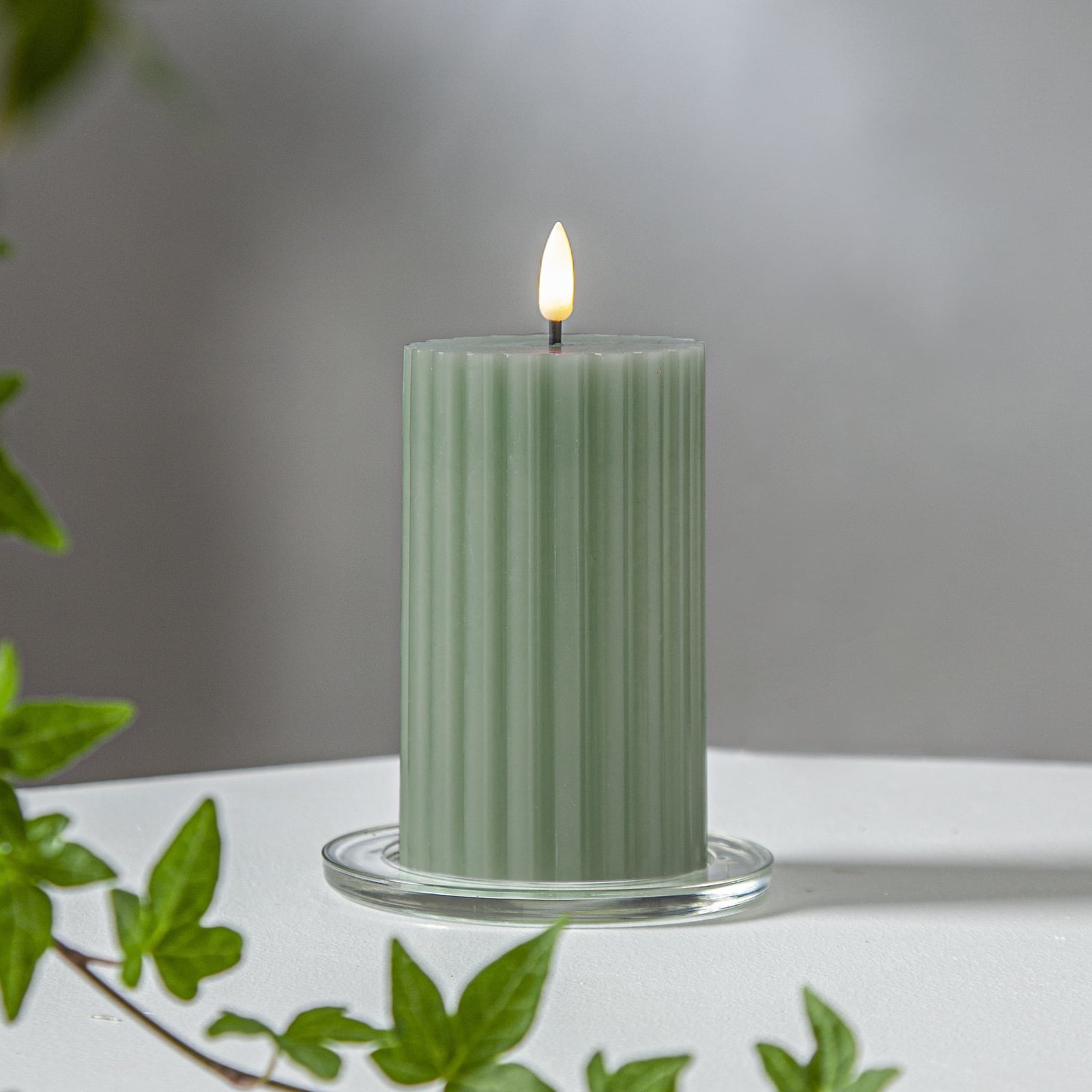 LED-kubbelys Flamme Stripe grønn ekte voks 15 cm forfra