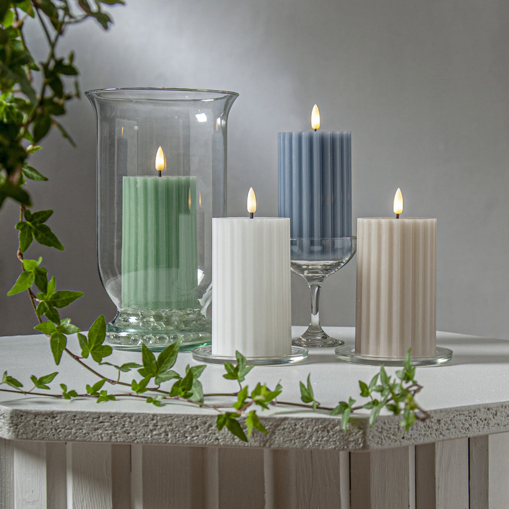 LED-kubbelys Flamme Stripe hvit ekte voks 15 cm bryter